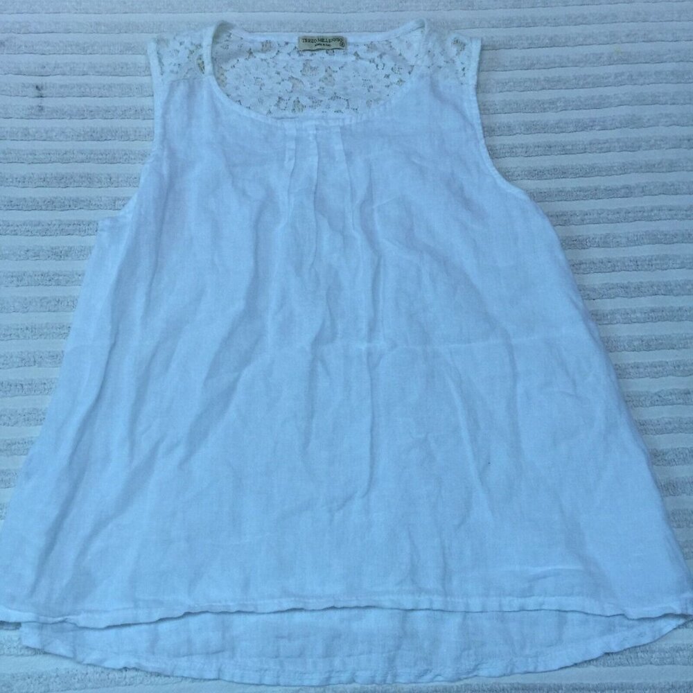 Terzo Millennio Womens White Sleeveless Linen Tank Top Small Embroidered Casual